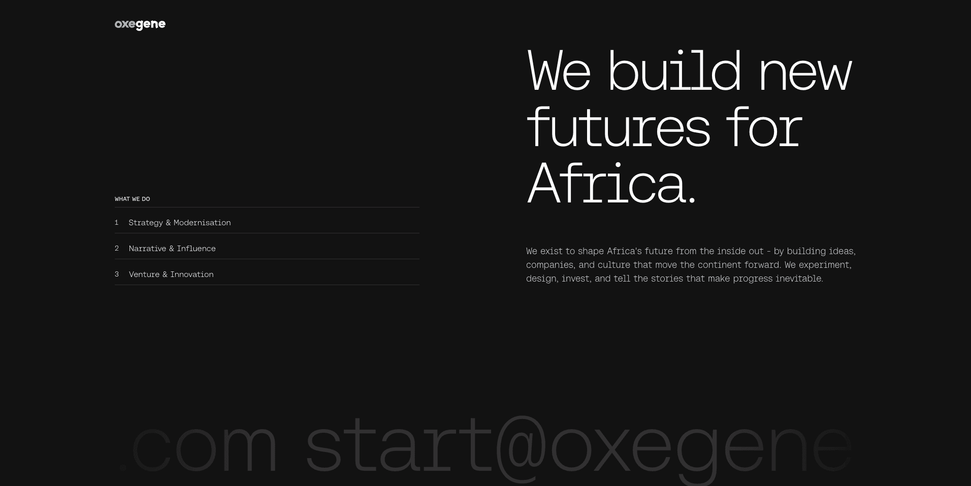 Oxegene — Venture and innovation firm building ideas, companies, and culture across Africa